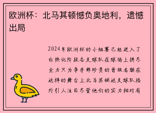 欧洲杯：北马其顿憾负奥地利，遗憾出局