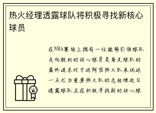 热火经理透露球队将积极寻找新核心球员